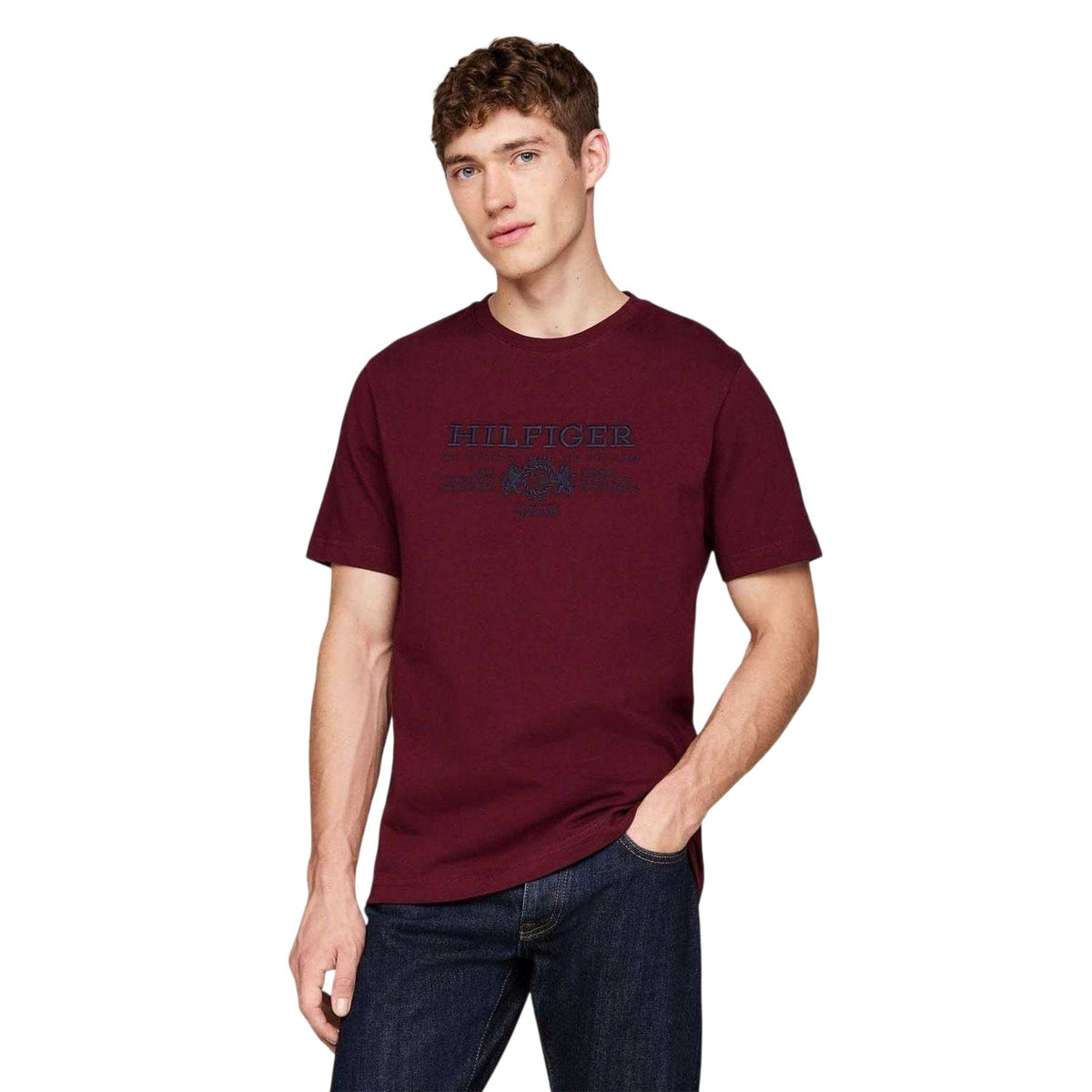Maroon - Side - Tommy Hilfiger Mens Embroidered Logo Cotton T-Shirt