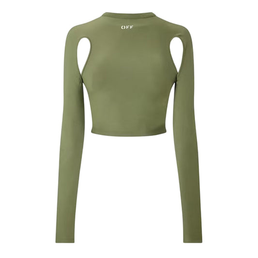 Olive - Front - Off White Womens-Ladies Mock Neck Slim Cold Shoulder Crop Top