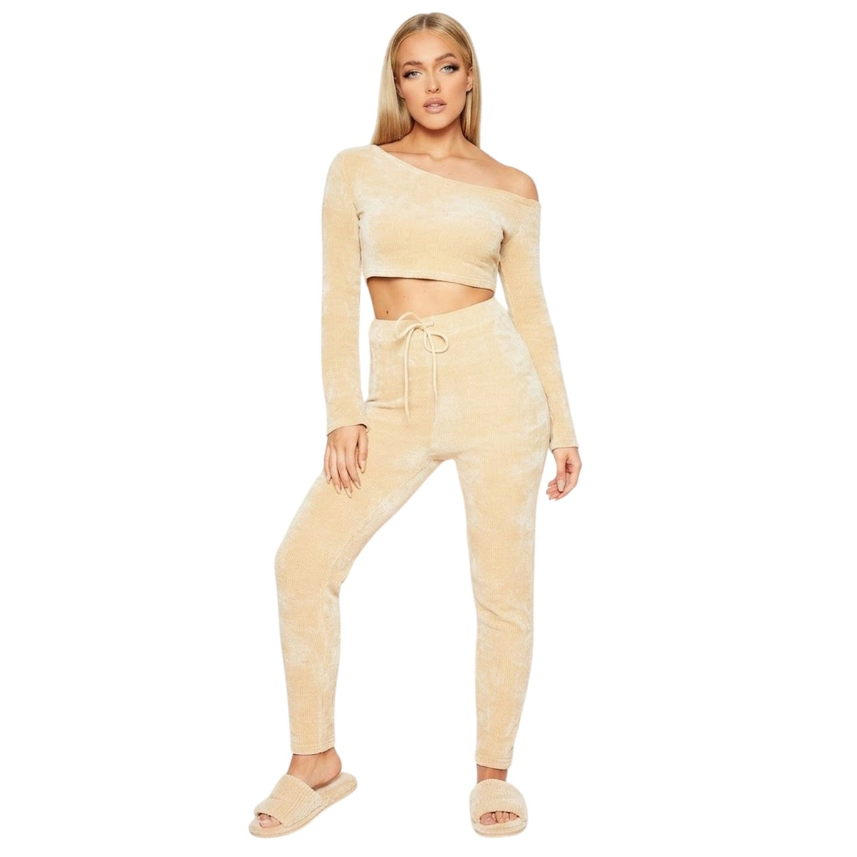 Beige - Side - Missy Empire Girls Chenille Cropped Off-the-Shoulder Jumper