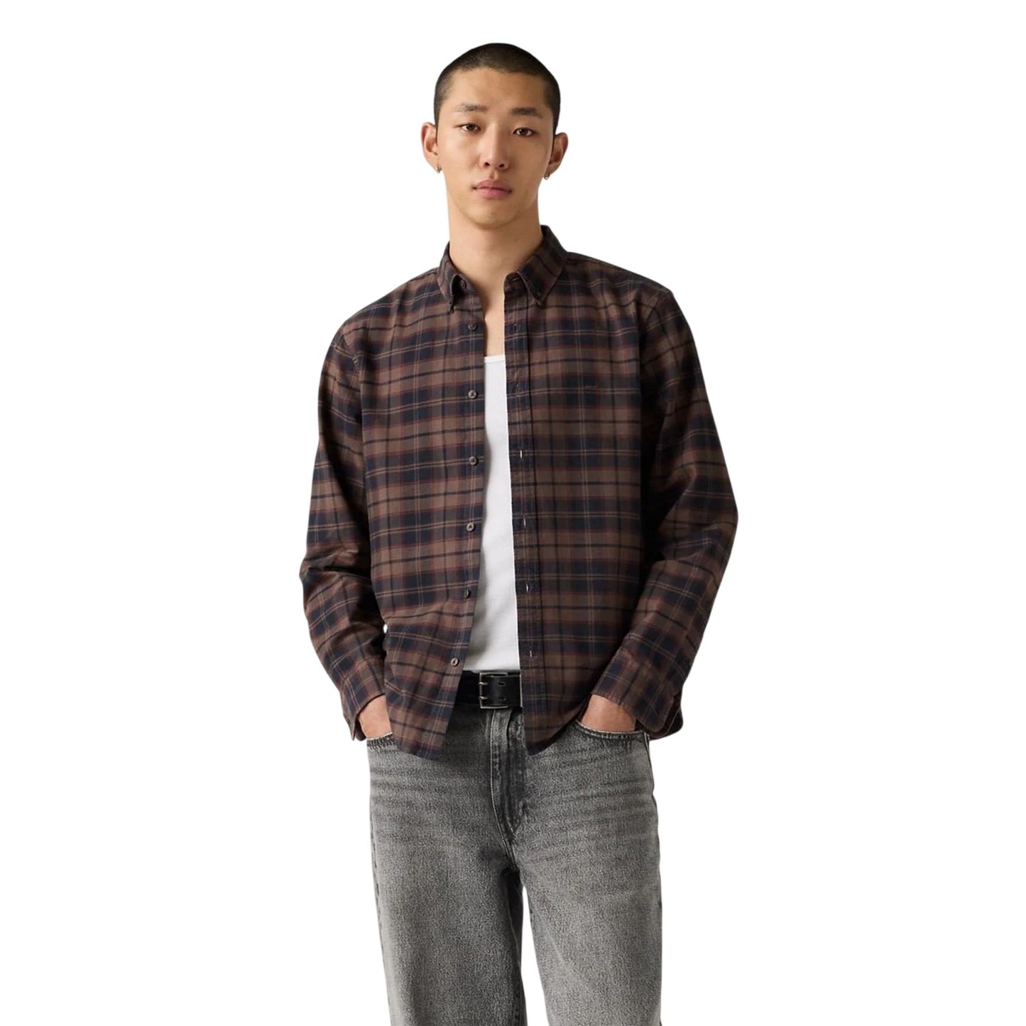 Stone Beige - Lifestyle - Levis Mens Authentic Plaid Oxford Relaxed Fit Button-Down Shirt