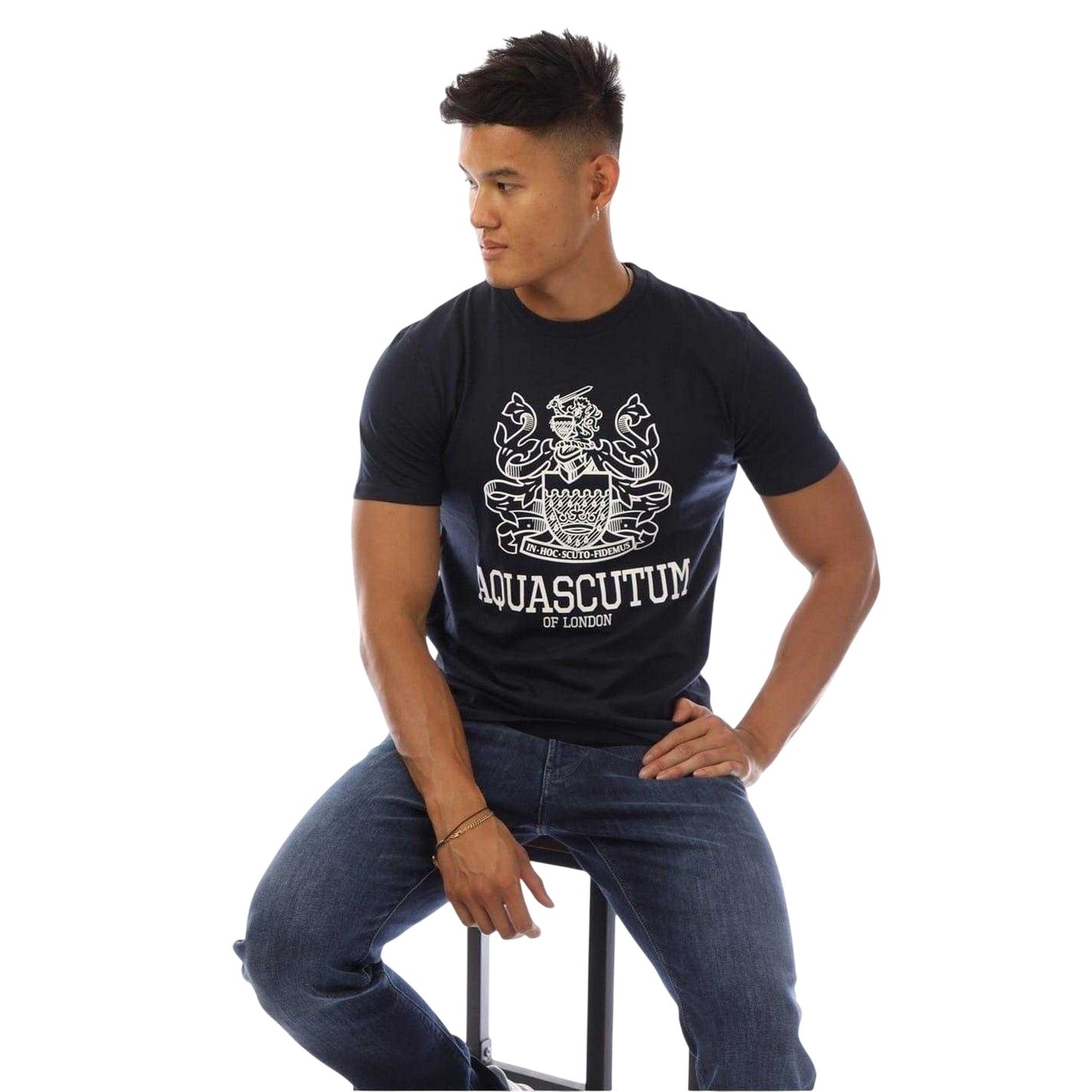 Black-White - Side - Aquascutum Mens Shield Logo Crew Neck T-Shirt