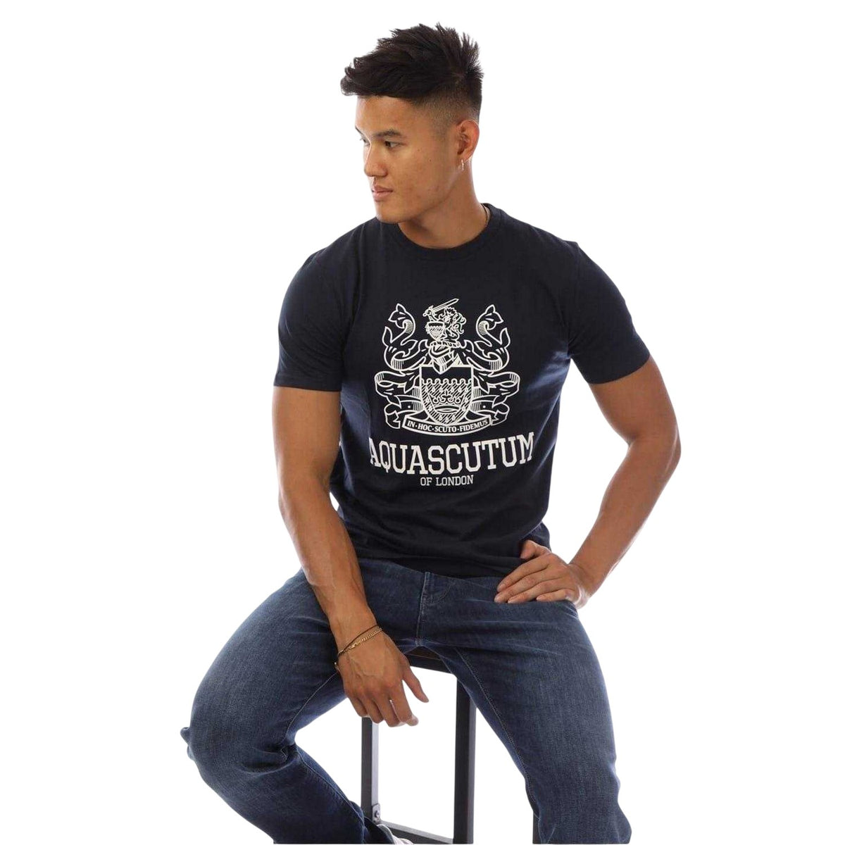 Black-White - Side - Aquascutum Mens Shield Logo Crew Neck T-Shirt