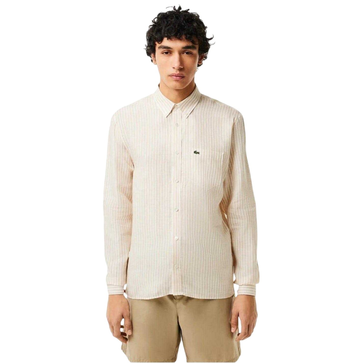 White - Lifestyle - Lacoste Mens Striped Linen Regular Button-Down Shirt