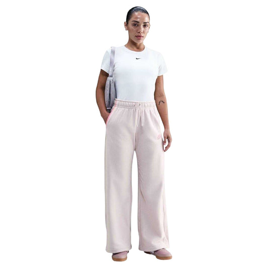 Cream-Pink - Front - Nike Womens-Ladies Sportswear Club Fleece Wide Leg Mid Rise Joggers
