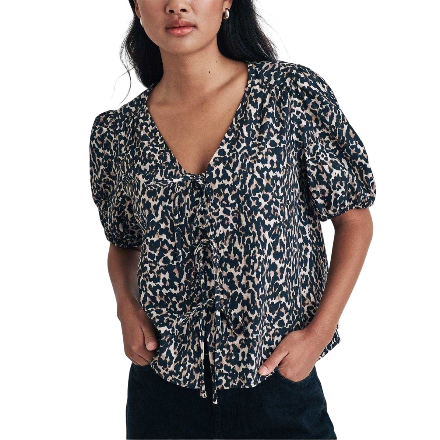 Black-White - Lifestyle - Nobody´s Child Womens-Ladies Leopard Print Puff Sleeve Blouse
