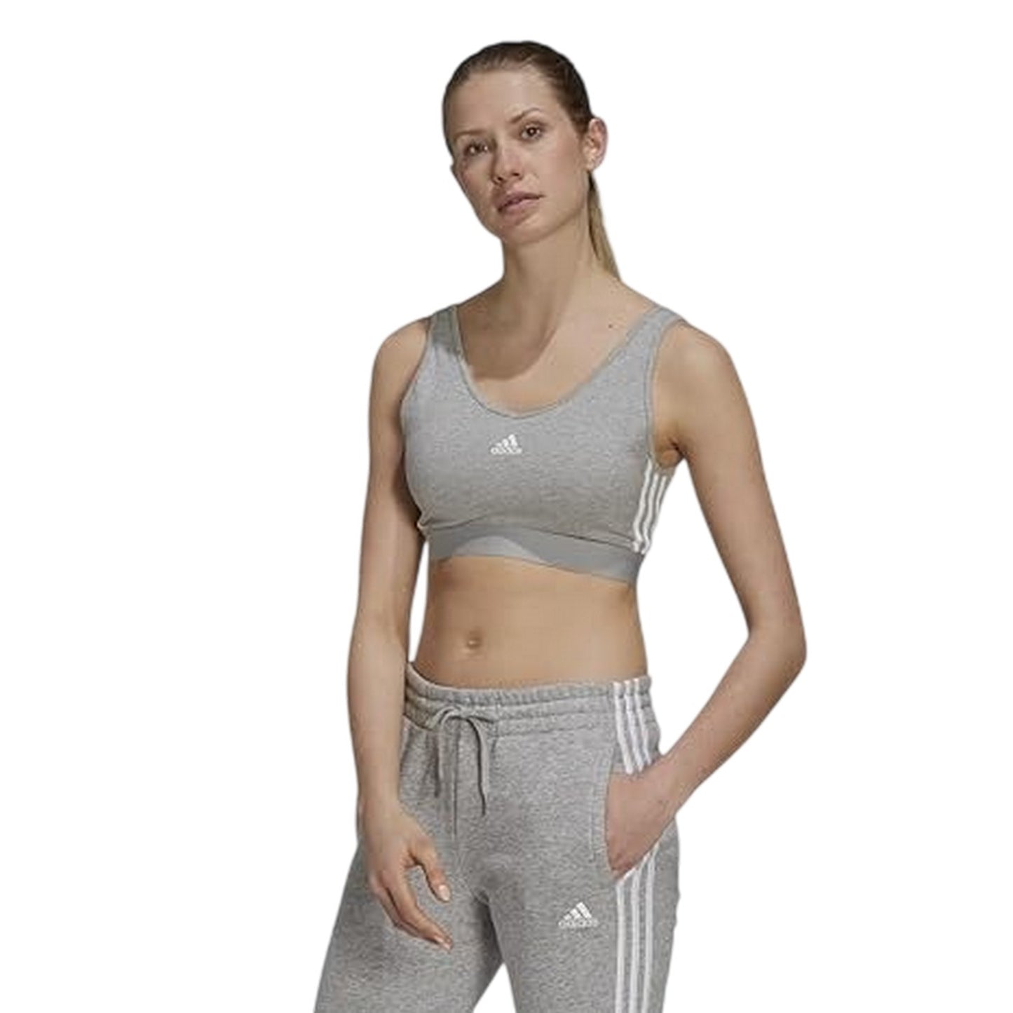 Grey Marl - Side - Adidas Womens-Ladies 3 Stripes Crop Top