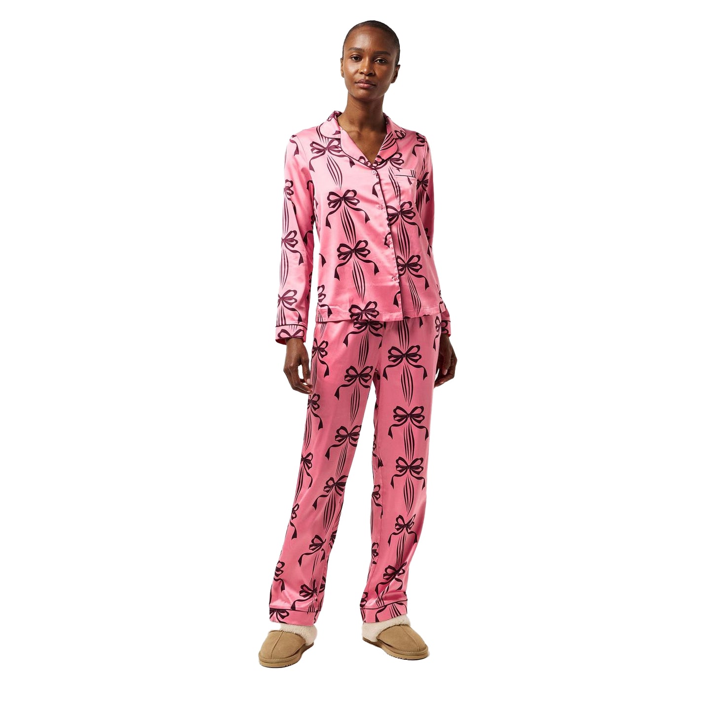 Pink - Pack Shot - Chelsea Peers Womens-Ladies Bow Long-Sleeved Long Pyjama Set