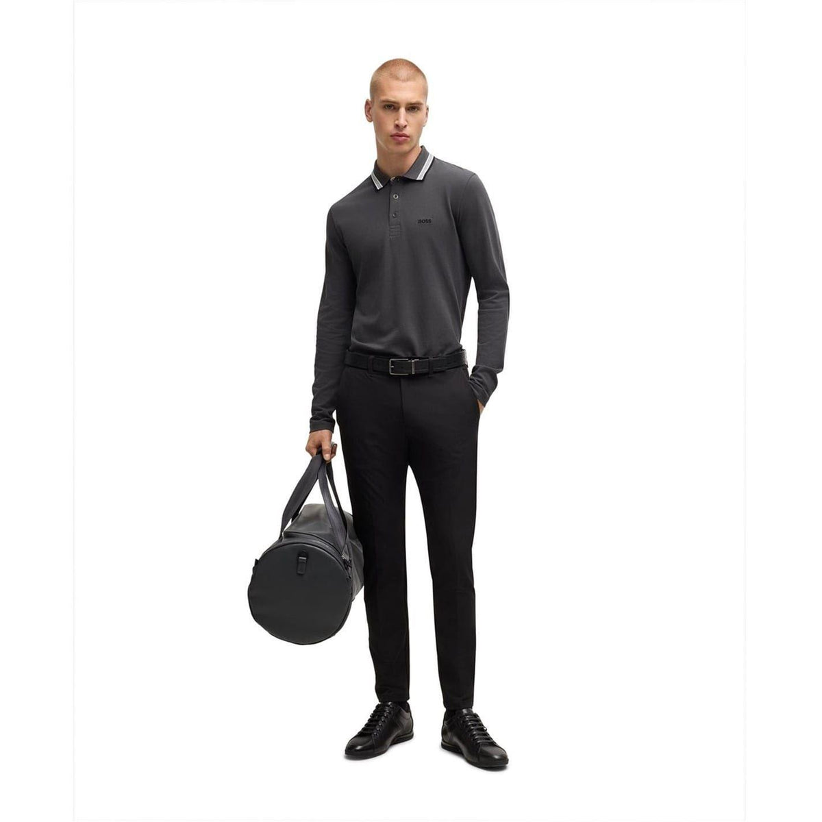 Dark Grey - Pack Shot - Boss Mens Embroidered Logo Cotton Long-Sleeved Polo Shirt