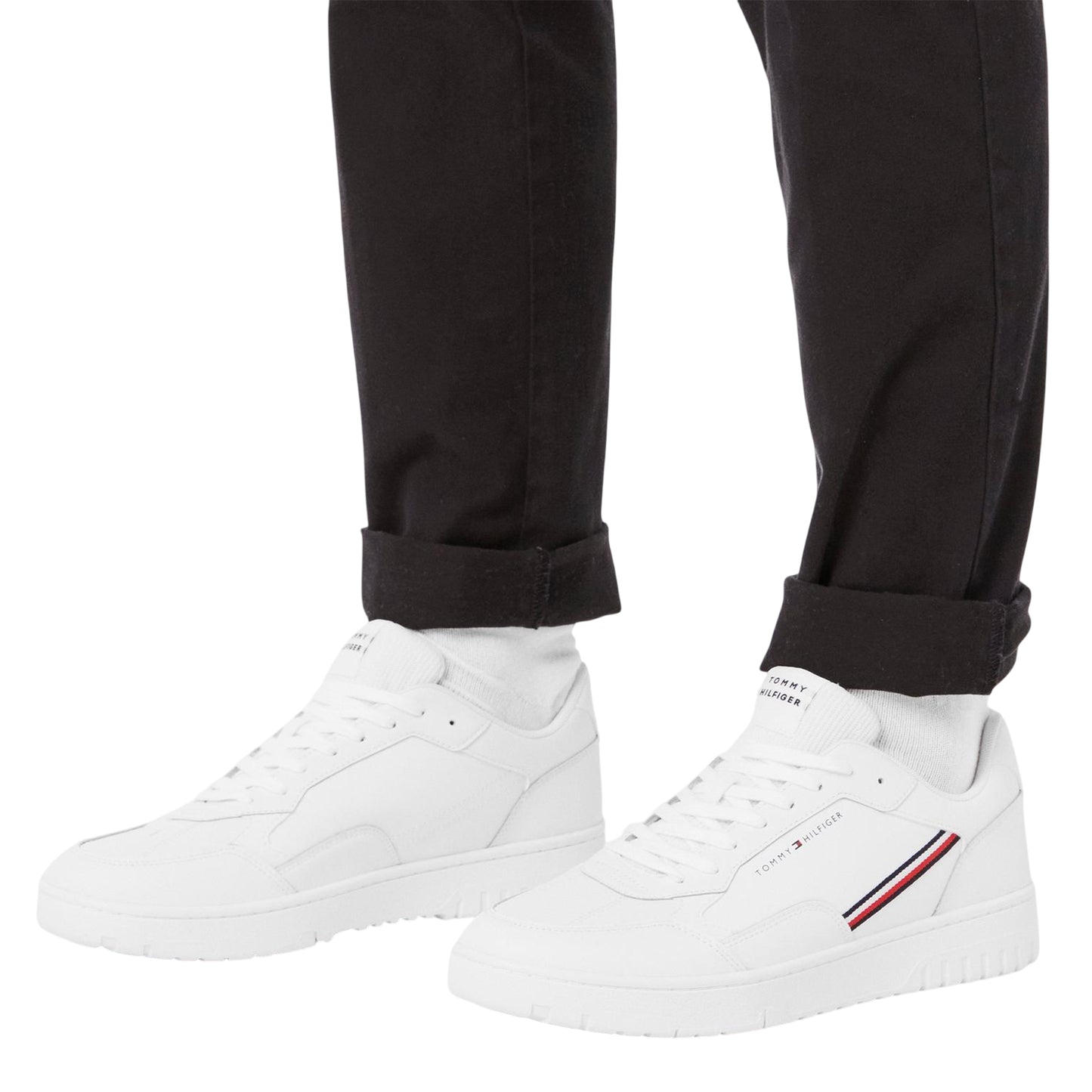 White - Lifestyle - Tommy Hilfiger Mens Basket Stripe Leather Lace Up Trainers