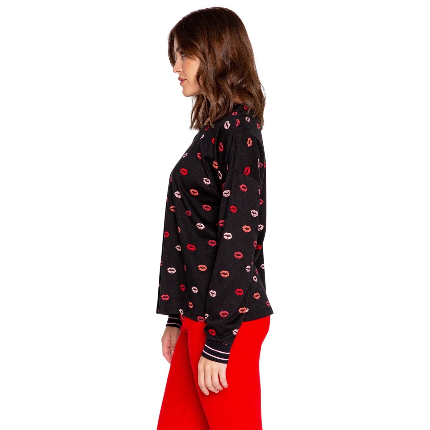 Black-Red-Pink - Side - PJ Salvage Womens-Ladies Lippy Long-Sleeved Pyjama Top