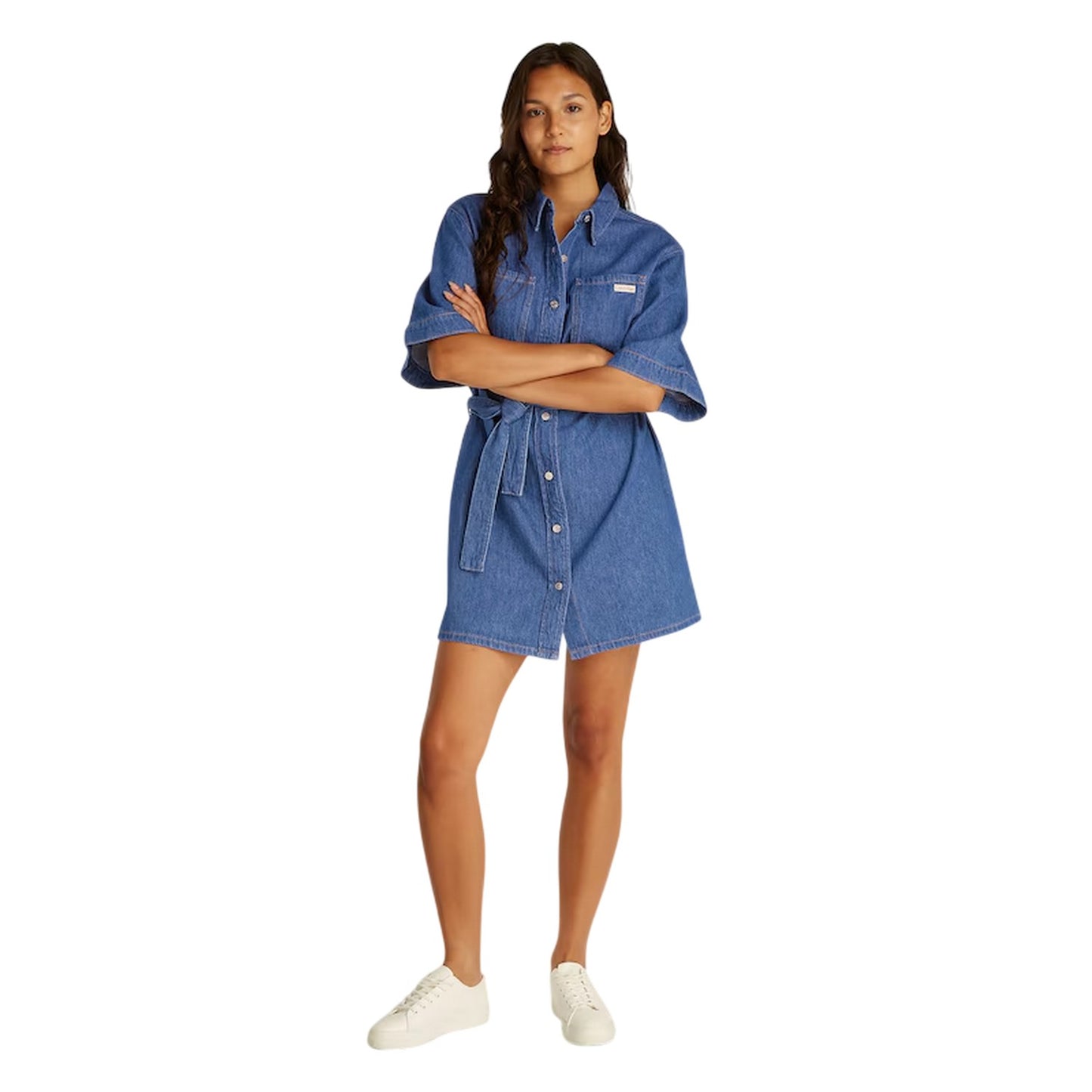 Medium Blue - Lifestyle - Calvin Klein Womens-Ladies Denim Collared Boxy Mini Shirt Dress