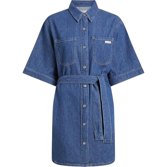 Medium Blue - Front - Calvin Klein Womens-Ladies Denim Collared Boxy Mini Shirt Dress