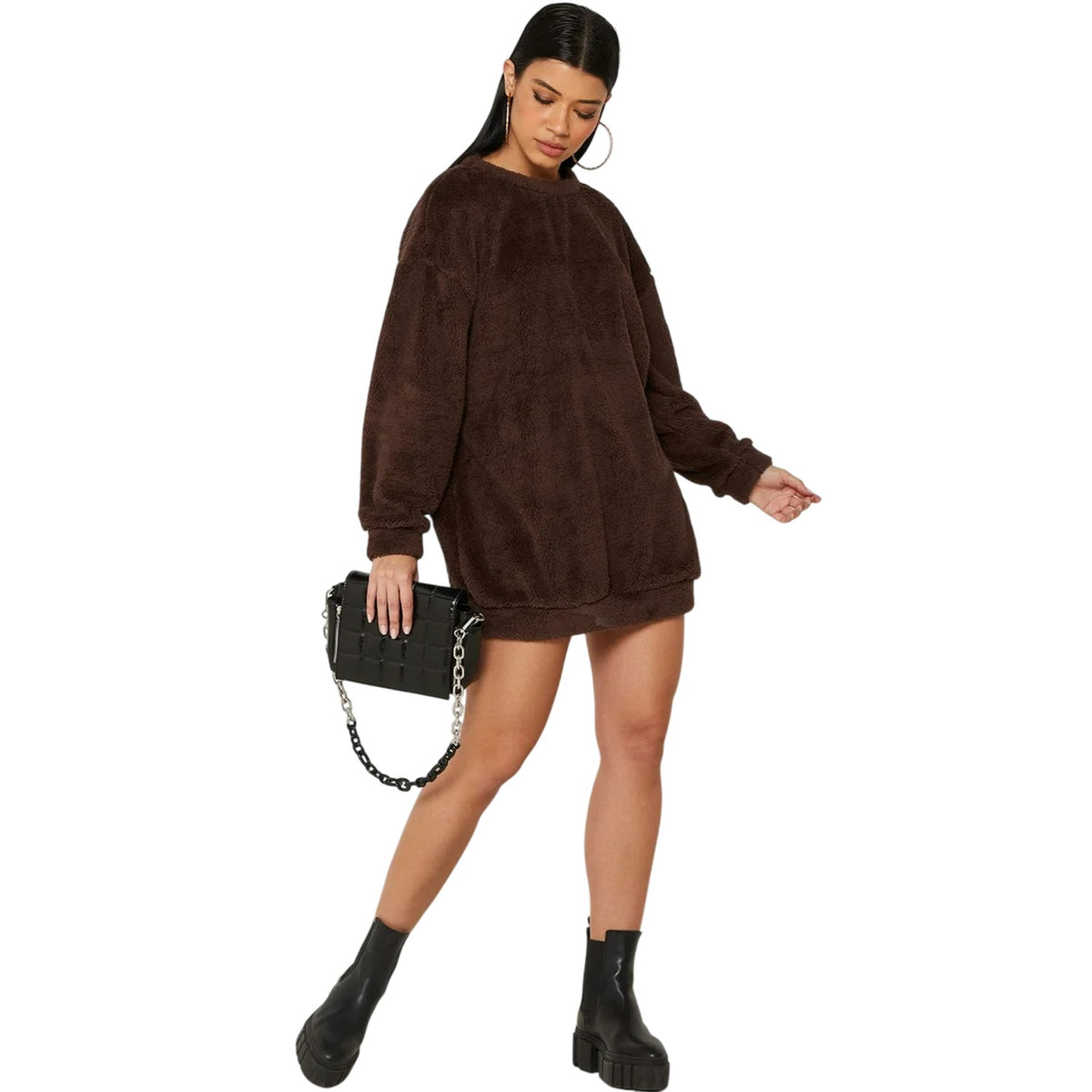 Chocolate - Lifestyle - Missy Empire Womens-Ladies Borg Jumper Dress