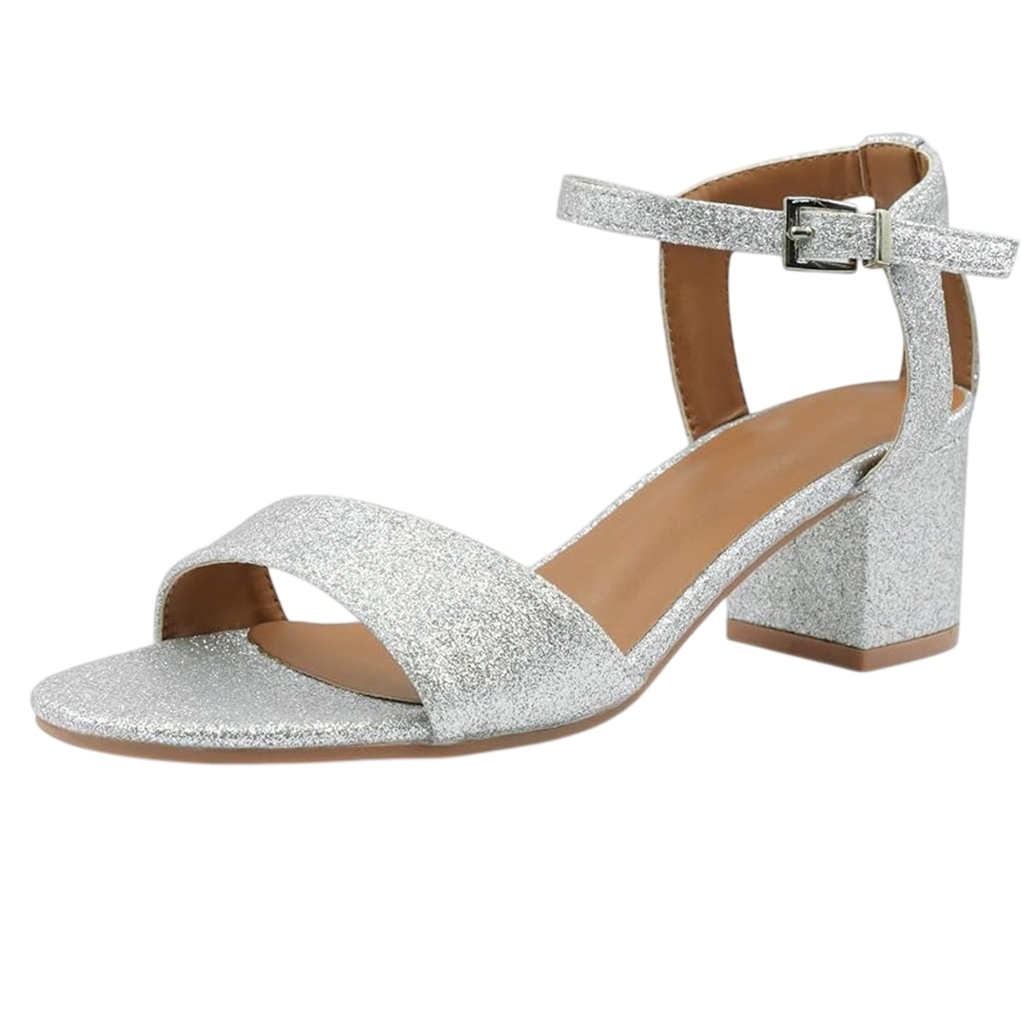 Silver Shiny - Pack Shot - Where's That From Womens-Ladies Glitter Low Block Heel Sandals