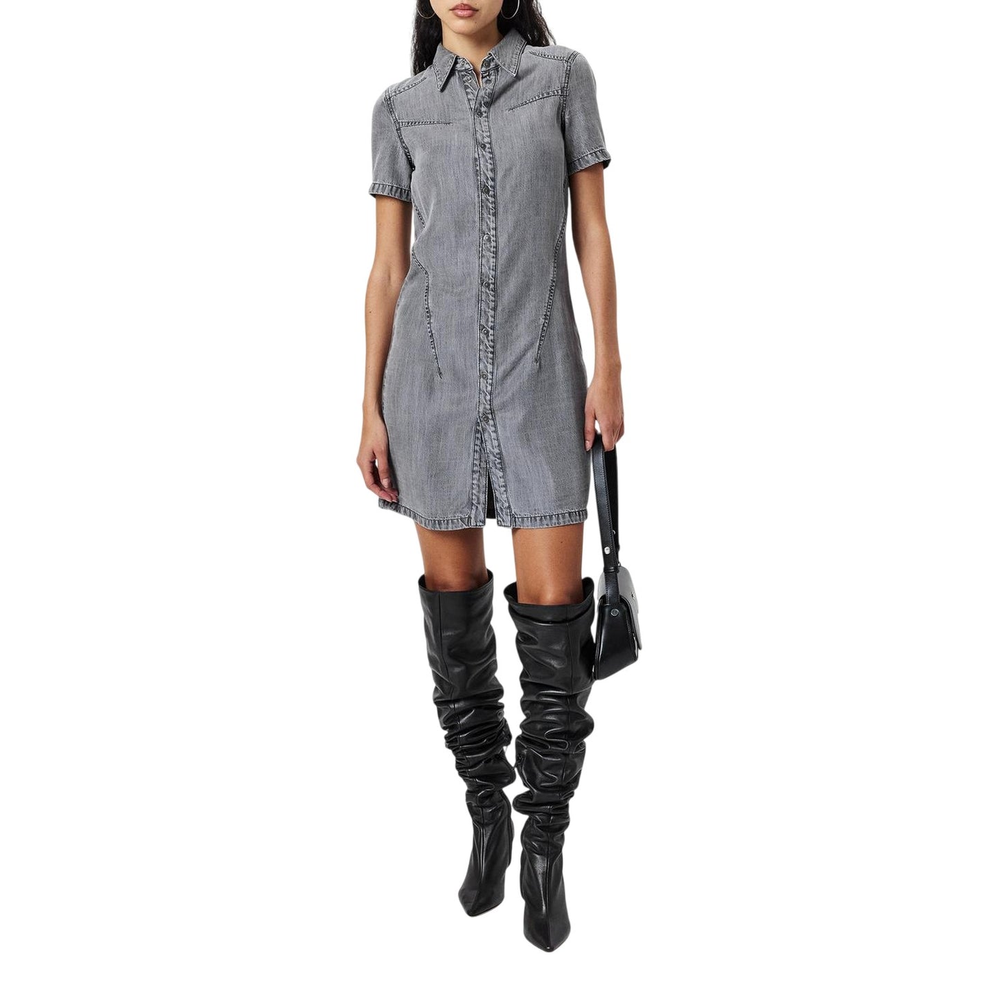Black-Grey Denim - Lifestyle - Diesel Womens-Ladies Aito Denim Midi Shirt Dress