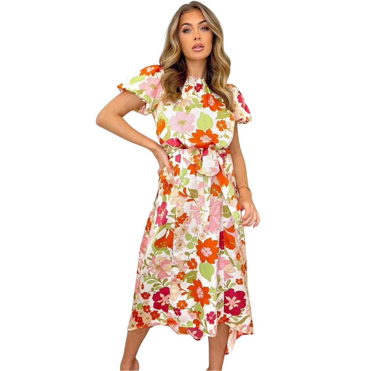 Cream - Lifestyle - AX Paris Womens-Ladies Floral Polyester Puff Sleeve Midi Dress