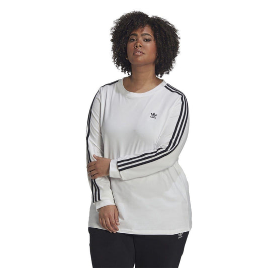 White - Front - Adidas Womens-Ladies 3 Stripes Long-Sleeved Top