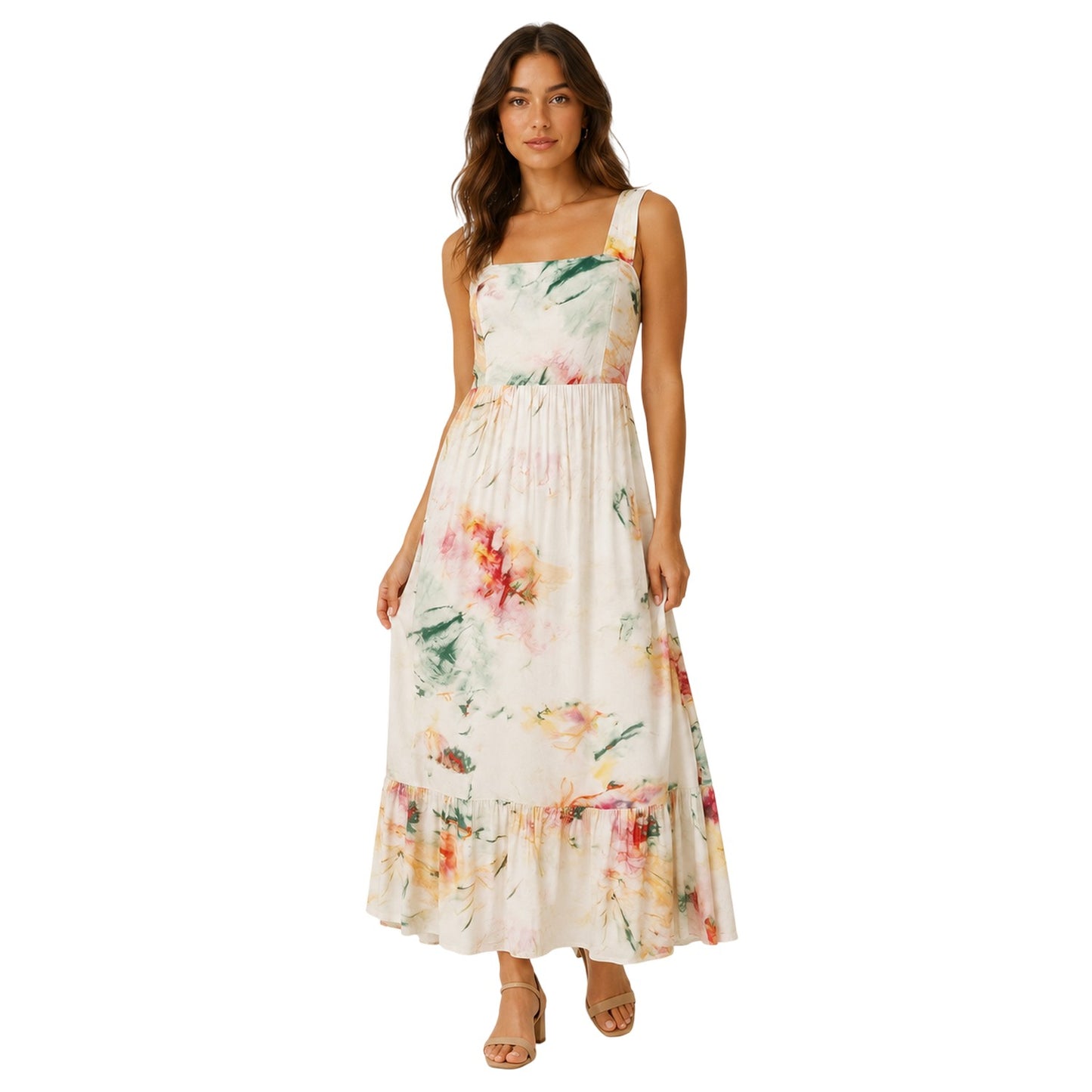 Brown - Side - Boss Womens-Ladies Floral Square Neck Maxi Dress