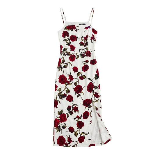 Cream - Front - Ax Womens-Ladies Rose Print Polyester Strappy Midi Dress