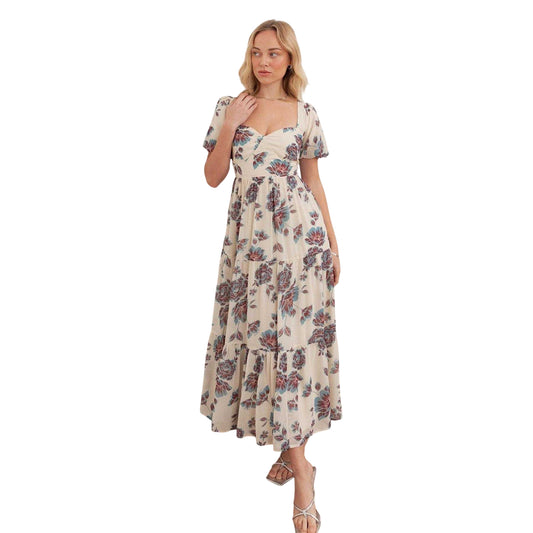 Cream-Blue - Front - Anaya With Love Womens-Ladies Floral Puff Sleeve Maxi Dress