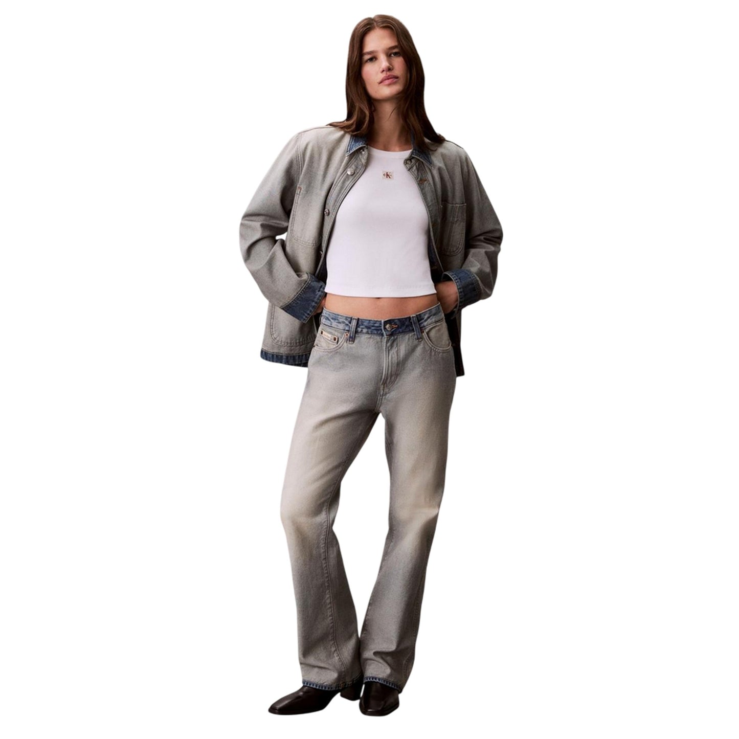 White - Pack Shot - Calvin Klein Womens-Ladies Ribbed Woven Crop Top