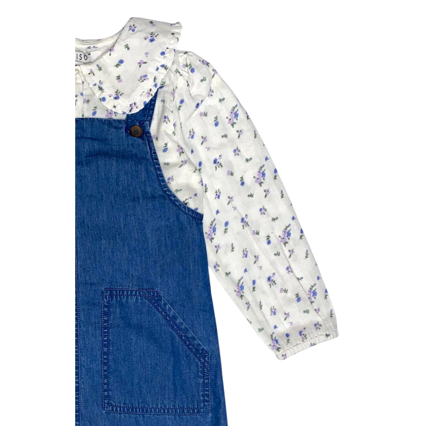 Blue - Lifestyle - Miso Girls Floral Collared Pinafore Dress