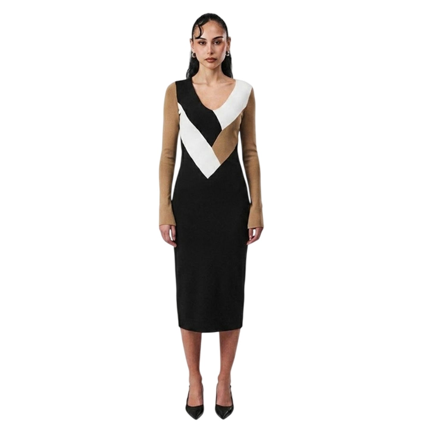 Black-Brown-White - Pack Shot - Boss Womens-Ladies Florency Viscose Slim Midi Dress