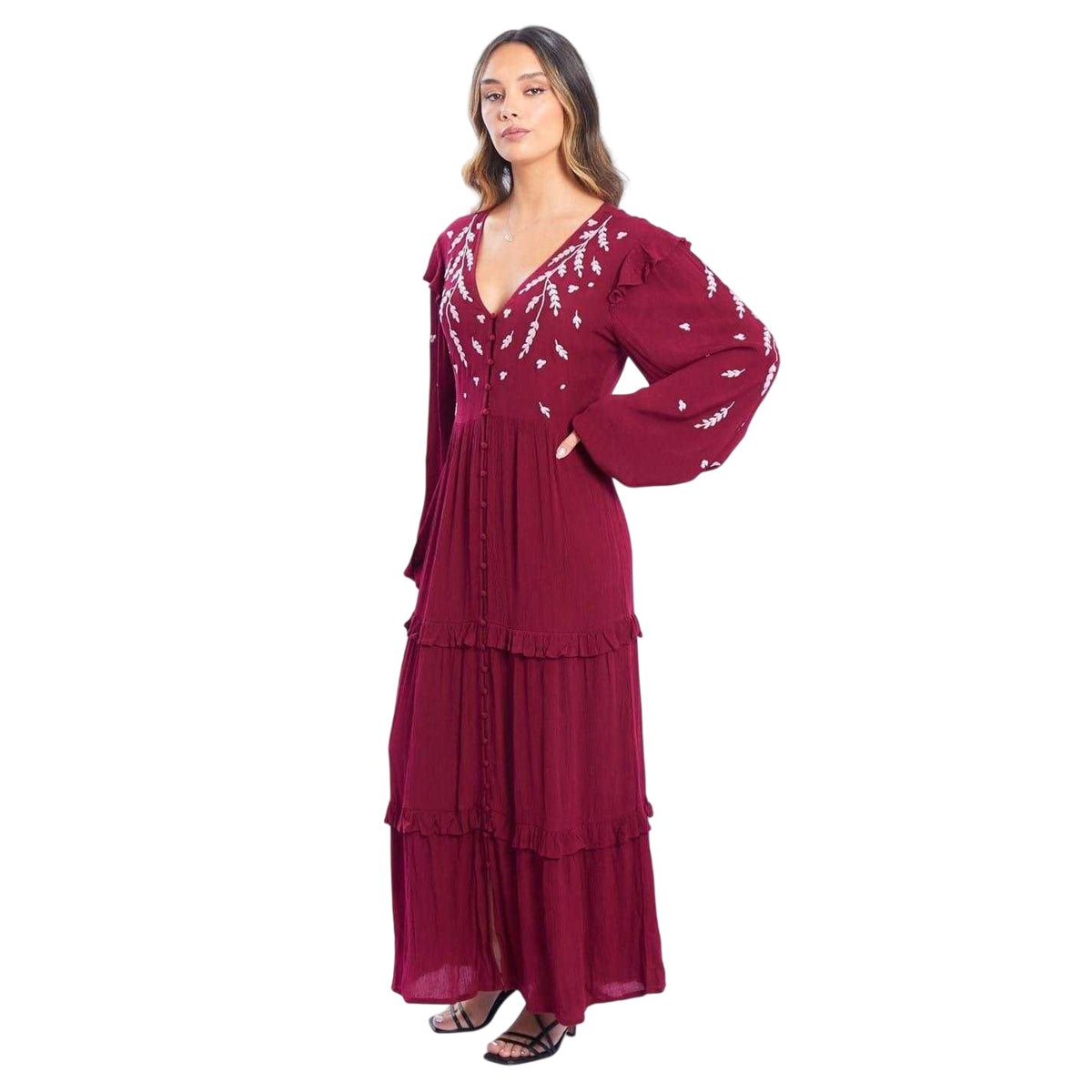 Burgundy - Lifestyle - Be You Womens-Ladies Embroidered Woven Maxi Dress