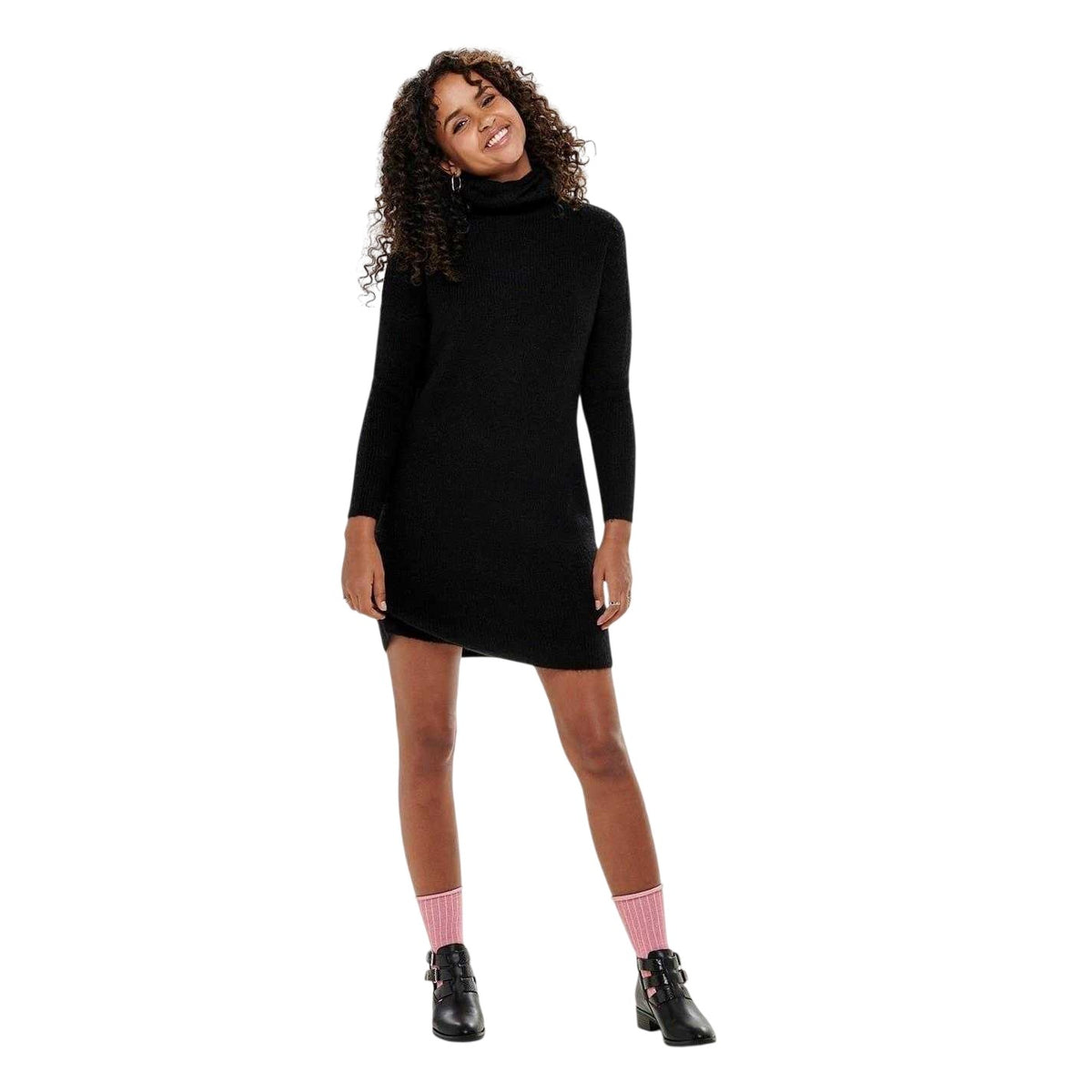 Black - Pack Shot - Only Womens-Ladies Knitted Cowl Neck Sweater Dress