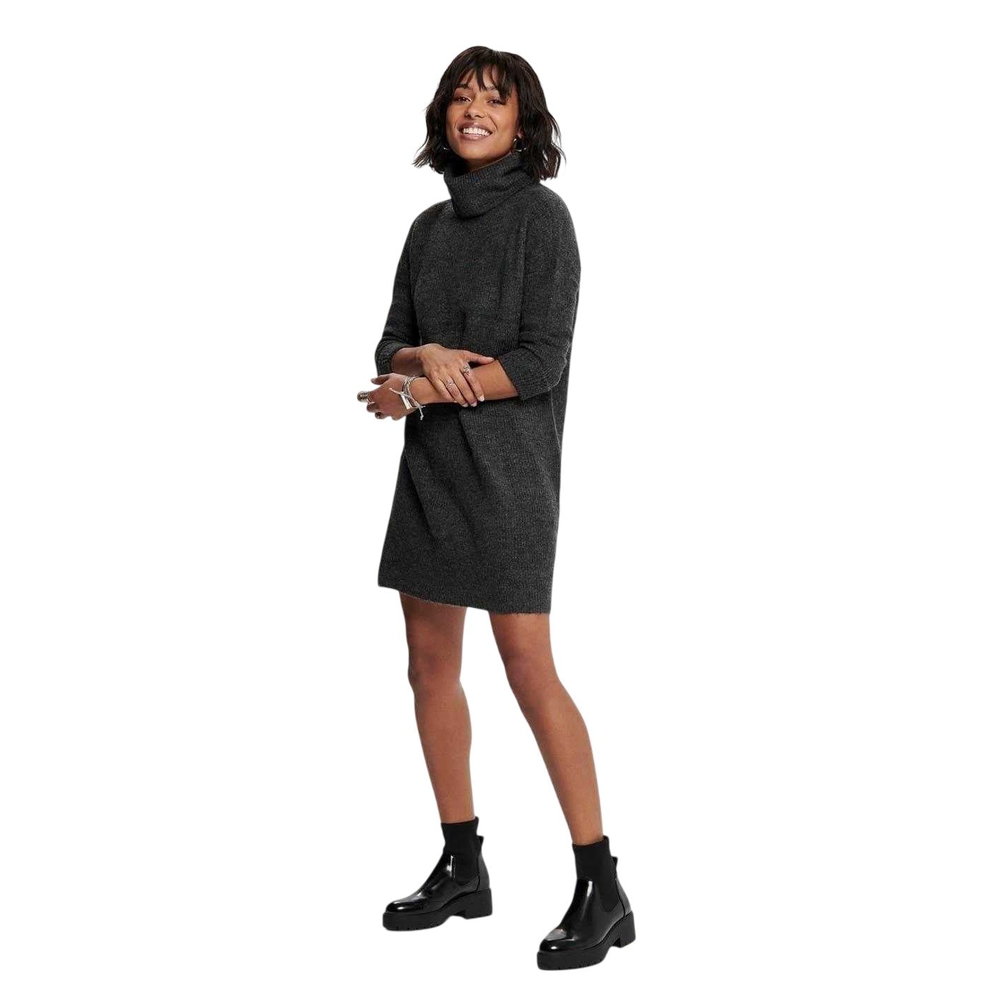 Dark Grey Melange - Pack Shot - Only Womens-Ladies Knitted Cowl Neck Sweater Dress