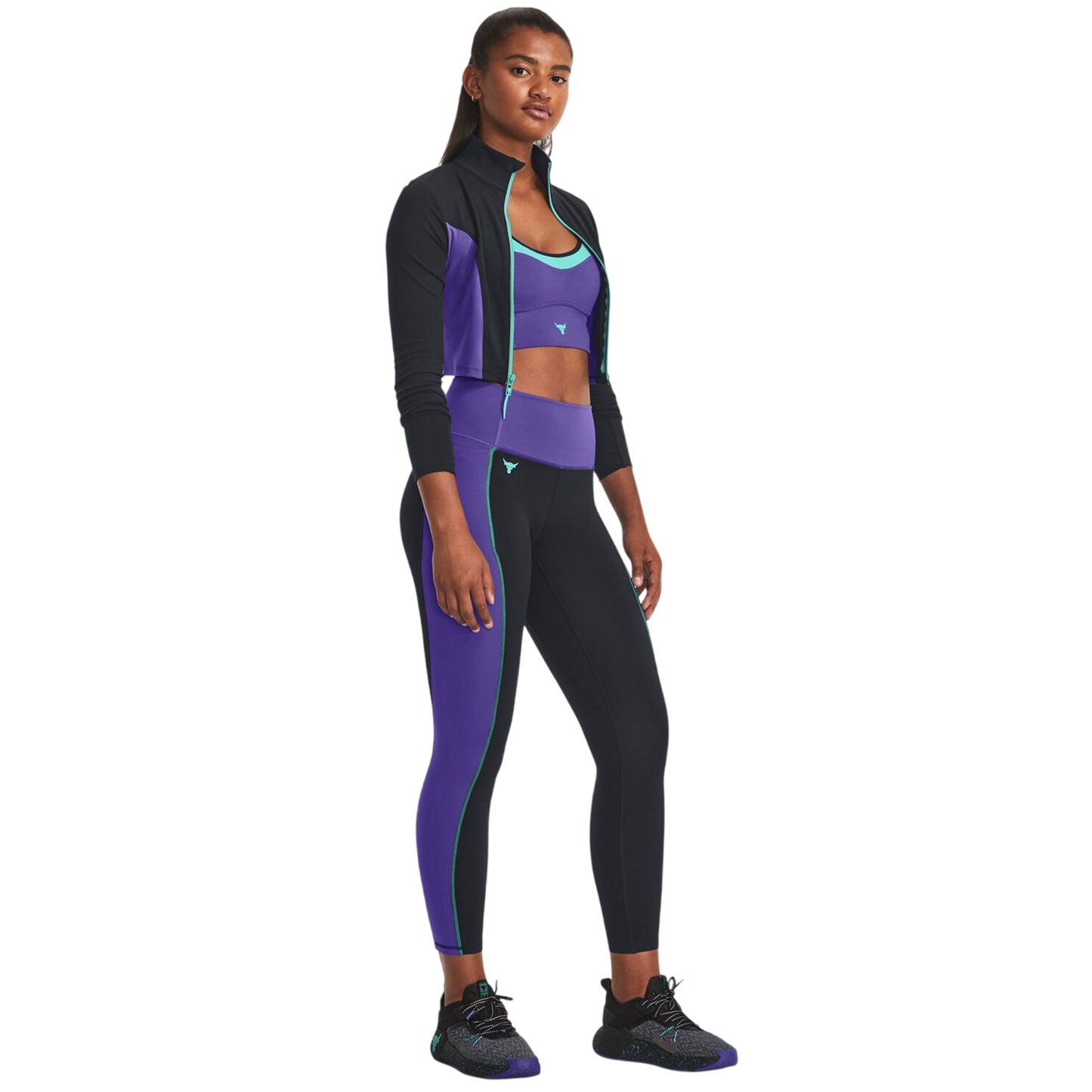 Purple-Black - Side - Under Armour Womens-Ladies Project Rock Cropped Gym Jacket