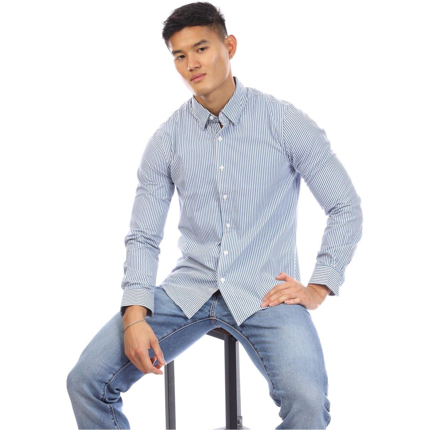 Navy-White - Lifestyle - Peter Werth Mens Beasley Vertical Stripe Long-Sleeved Shirt