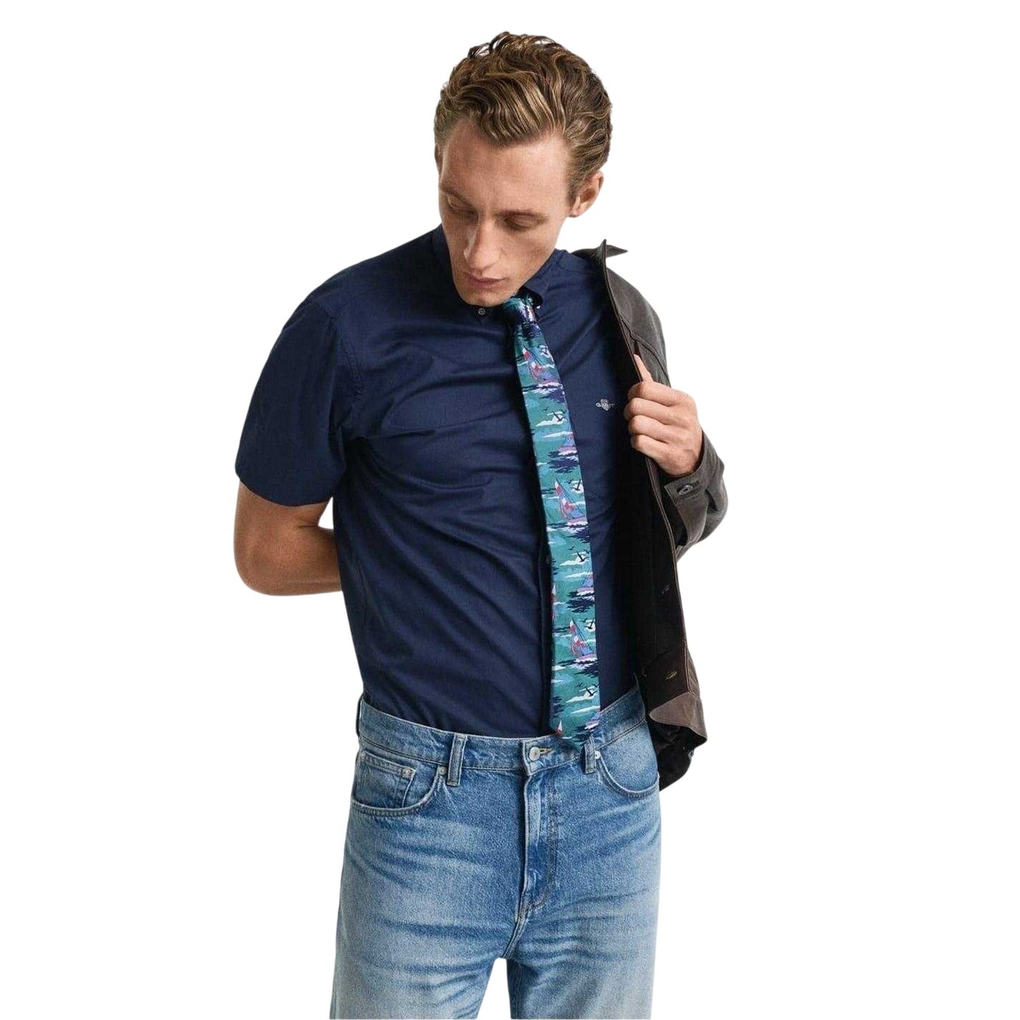 Marine - Side - Gant Mens Poplin Classic Short-Sleeved Shirt
