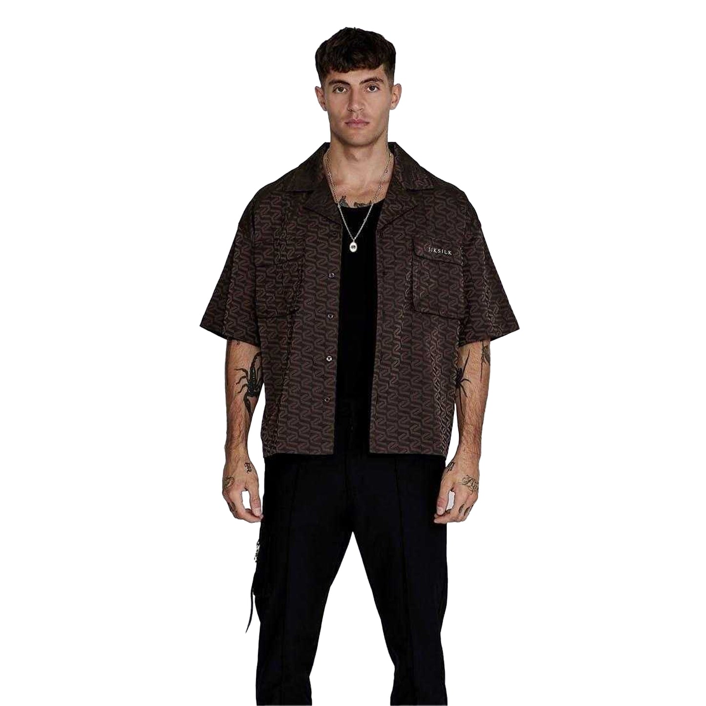 Brown - Pack Shot - SikSilk Mens Geometric Relaxed Fit Short-Sleeved Shirt