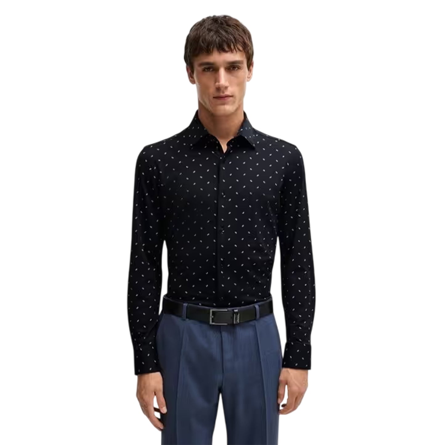 Dark Blue - Side - Boss Mens Dotted Point Collar Long-Sleeved Shirt