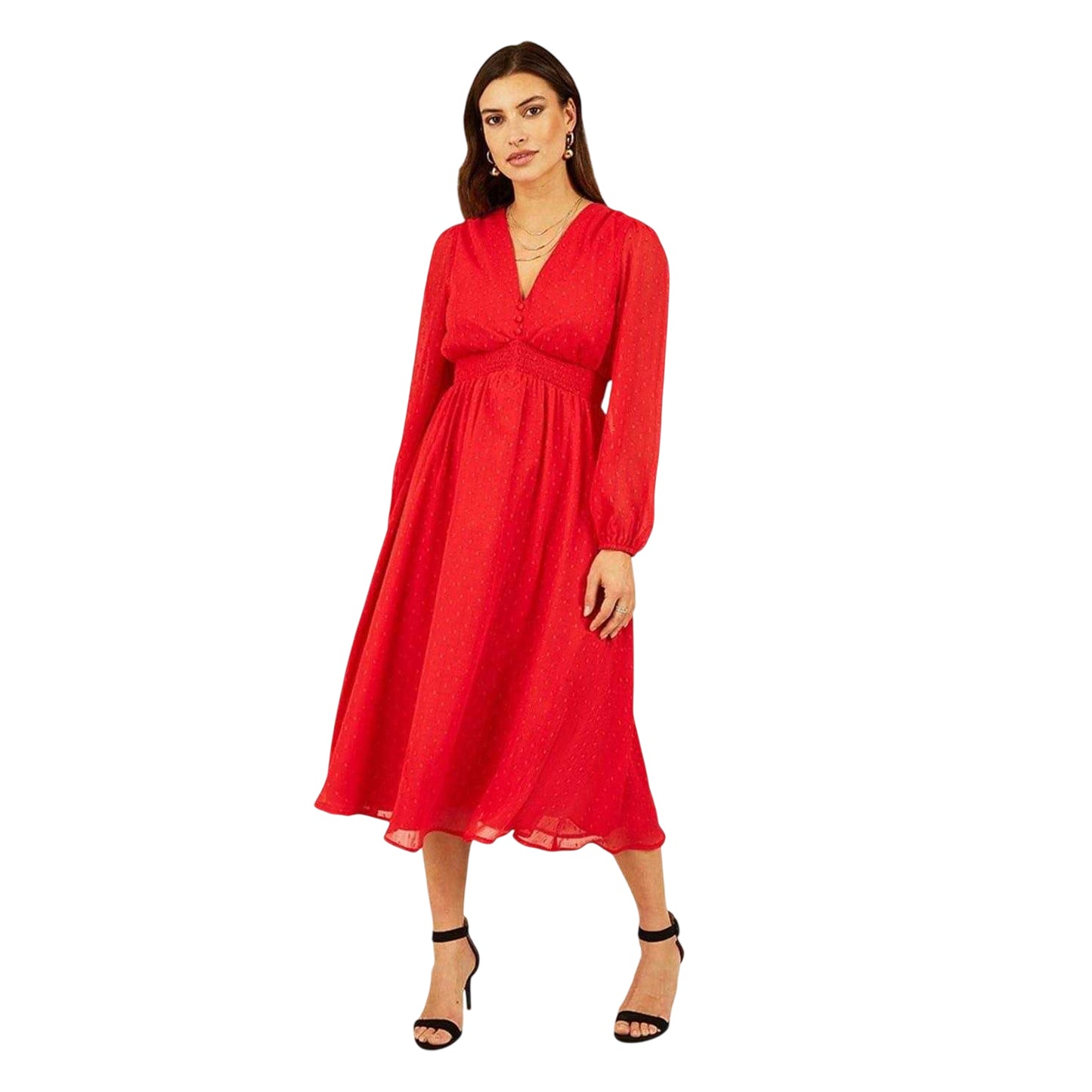 Red - Side - Yumi Womens-Ladies Shimmer Dobby Midi Swing Dress