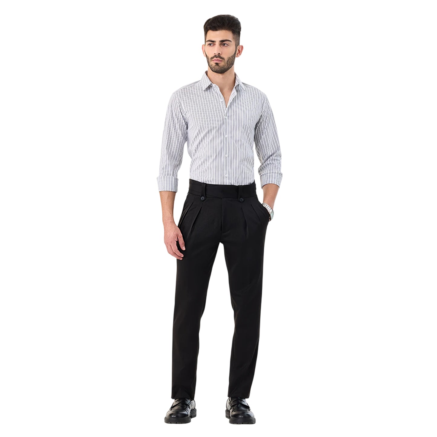 Medium Grey - Side - Boss Mens Striped Point Collar Regular Long-Sleeved Shirt