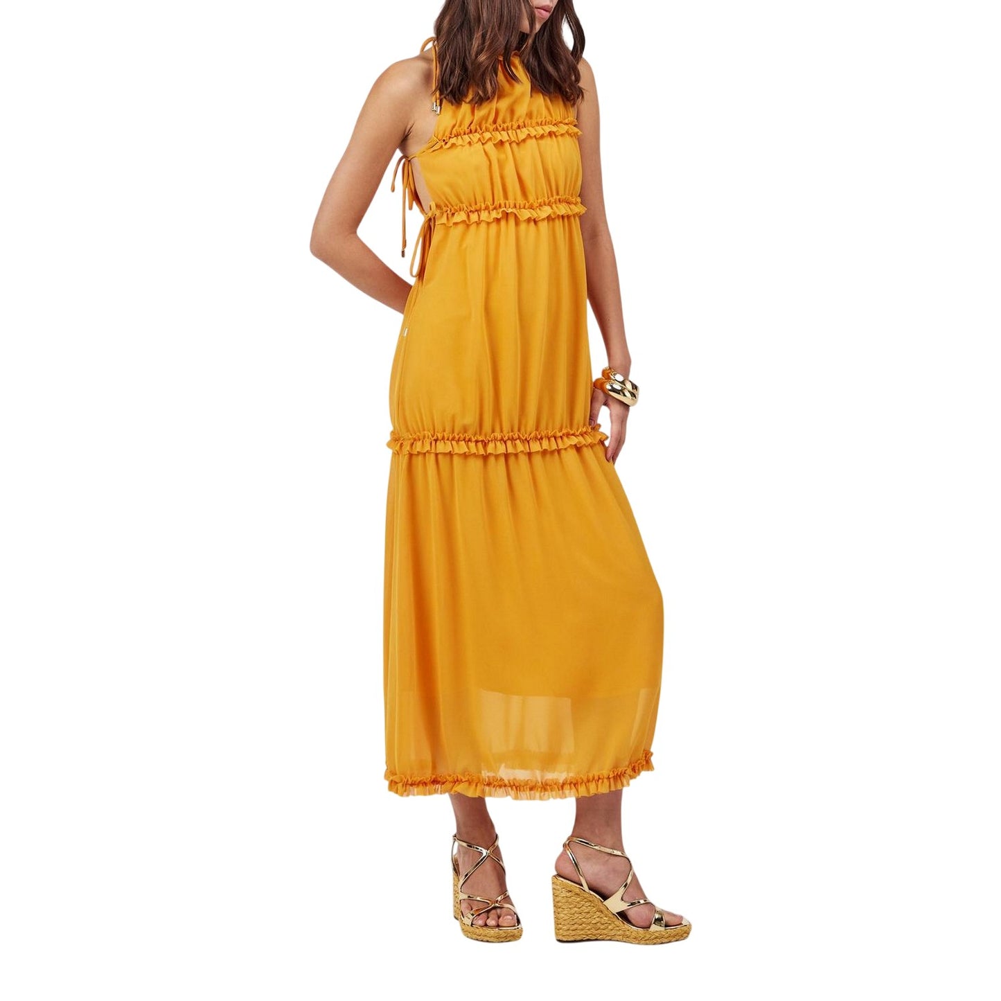 Yellow - Pack Shot - AmyLynn Womens-Ladies Tiered Halter Neck Maxi Dress