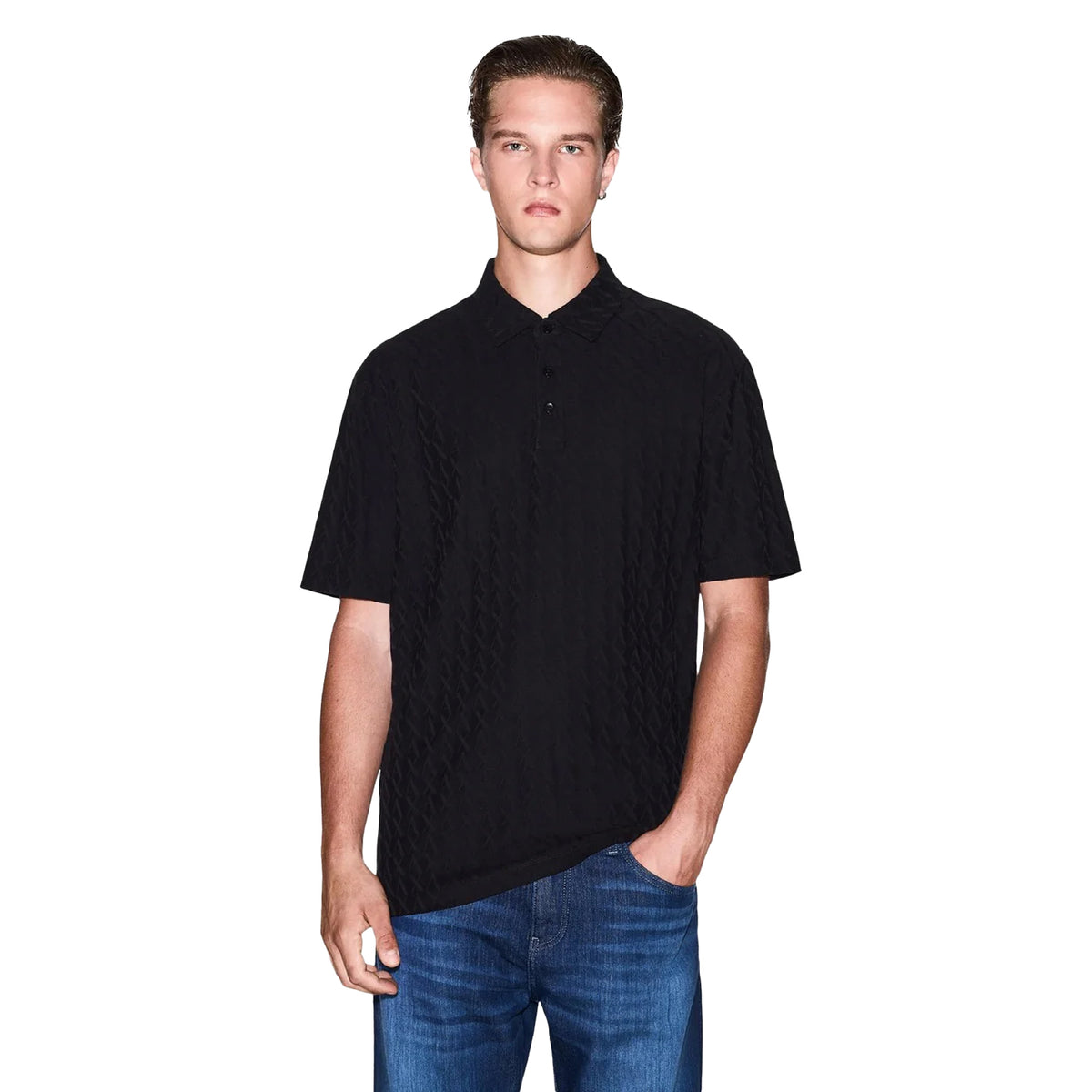 Black - Side - Armani Exchange Mens Geometric Collared Polo Shirt