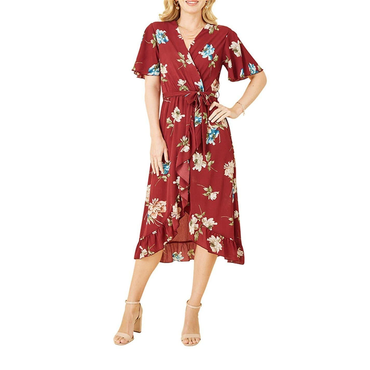 Red - Lifestyle - Mela London Womens-Ladies Floral V Neck Wrap Dress