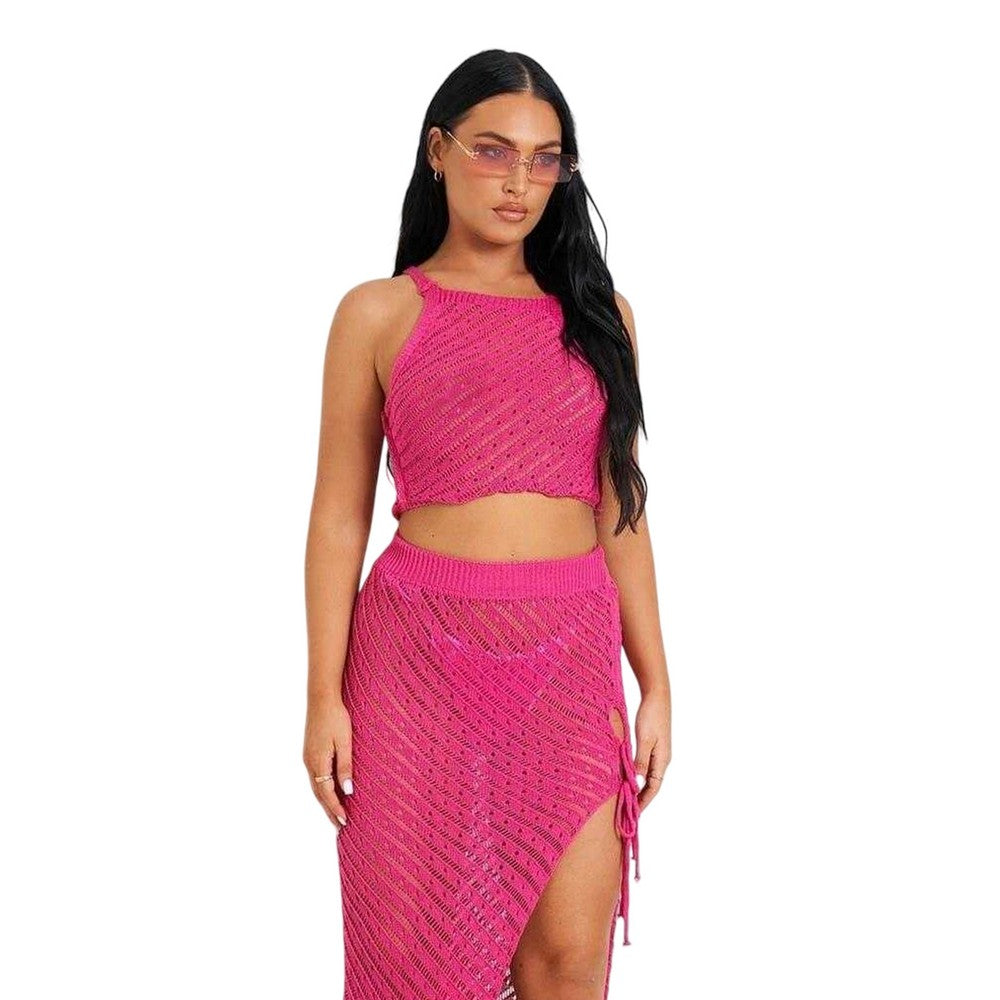Pink - Side - Missy Empire Womens-Ladies Crochet Co-ord Set