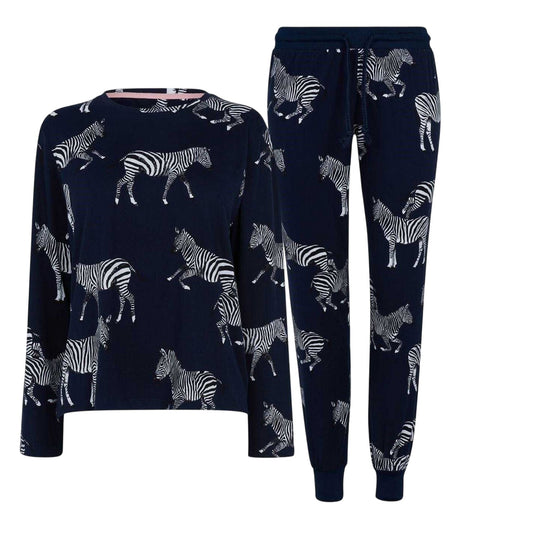 Navy - Front - Chelsea Peers Womens-Ladies Zebra Long Pyjama Set