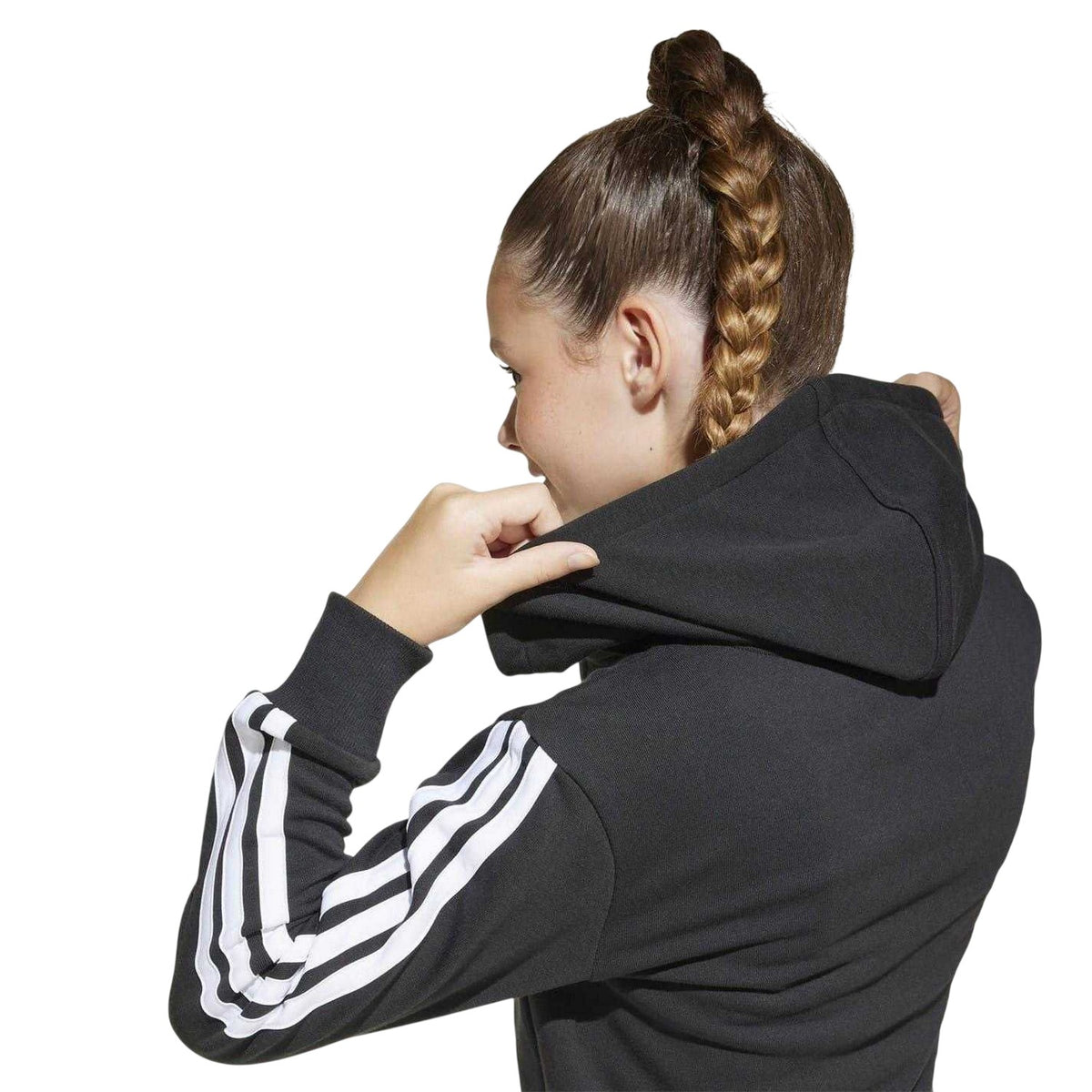 Black-White - Lifestyle - Adidas Girls 3 Stripes Cotton Long-Sleeved Full Zip Hoodie