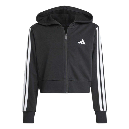 Black-White - Front - Adidas Girls 3 Stripes Cotton Long-Sleeved Full Zip Hoodie