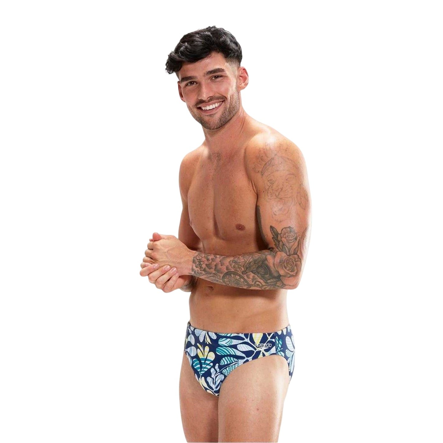 Blue-Green - Side - Speedo Mens Escape Leaf Print Swim Briefs