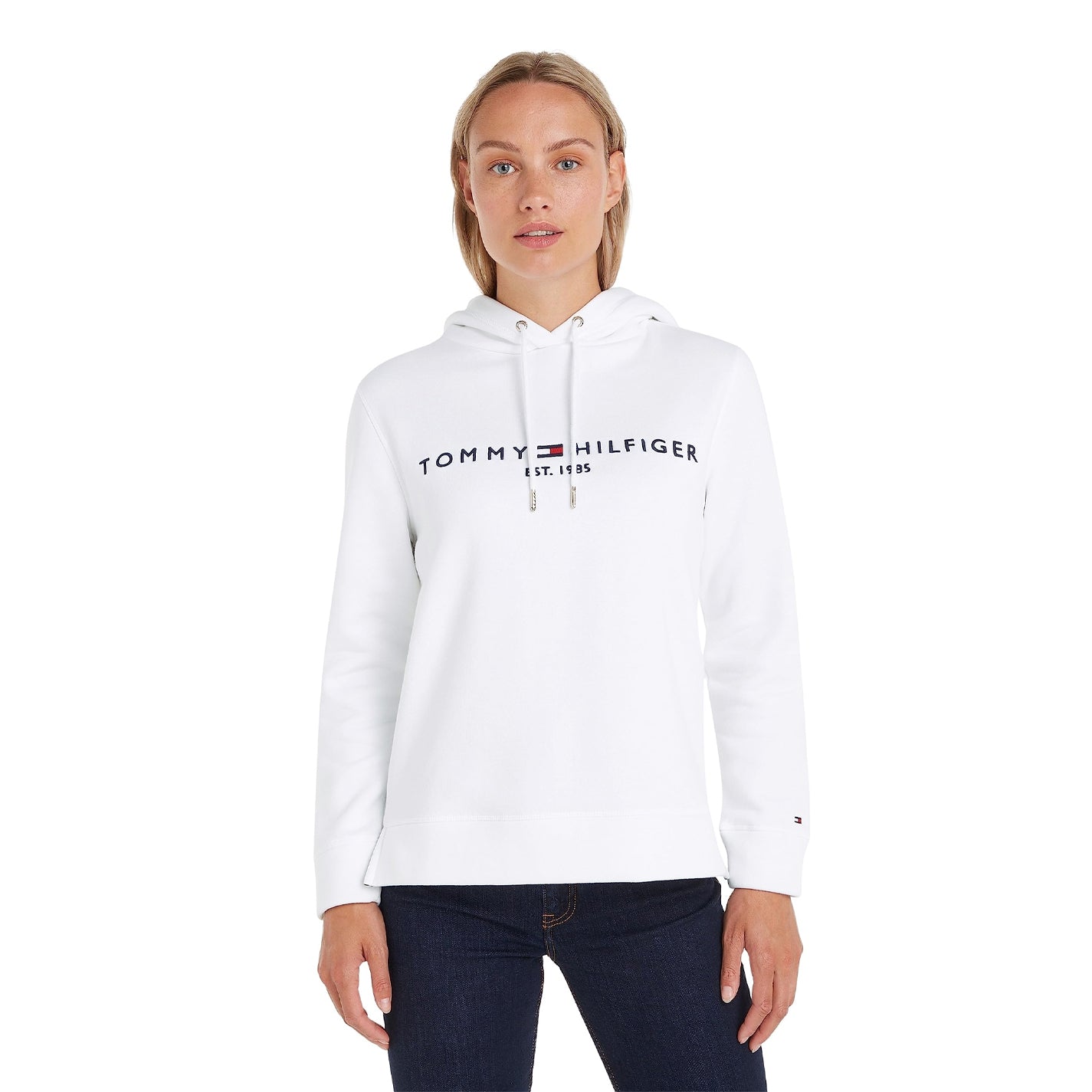 White - Side - Tommy Hilfiger Womens-Ladies Essential Embroidered Logo Hoodie