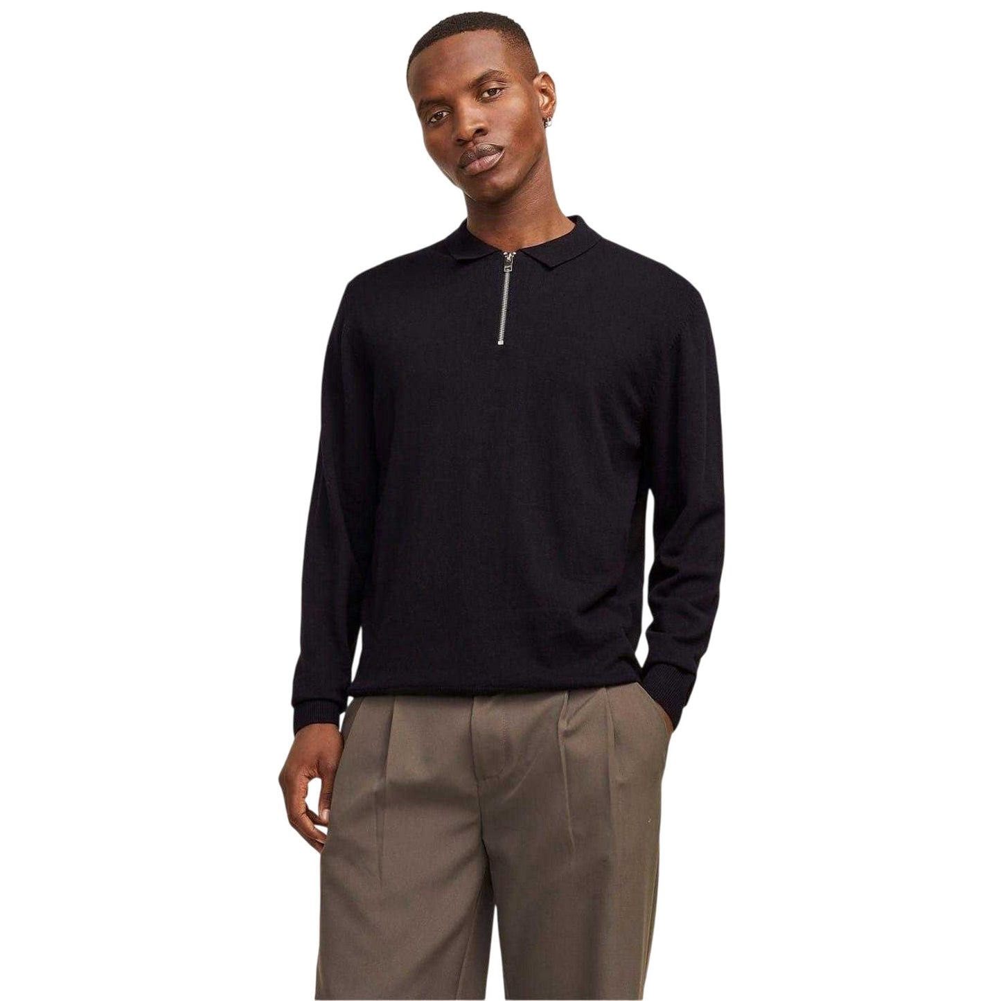 Black - Lifestyle - Jack And Jones Mens Emil Knitted Quarter Zip Polo Shirt