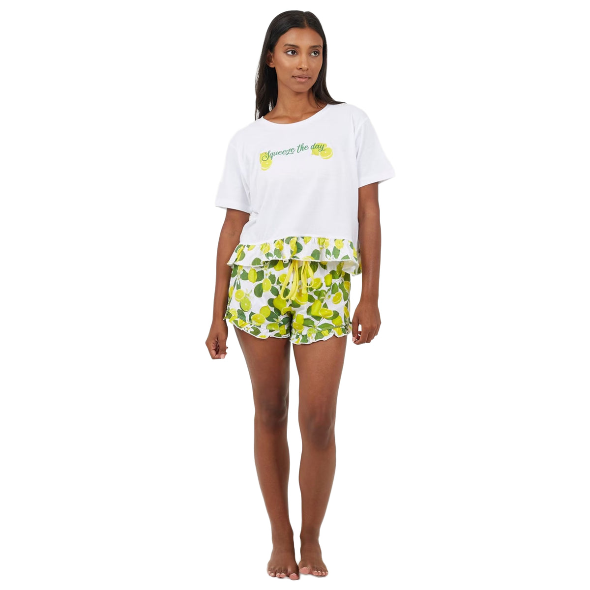 White-Yellow - Close up - Brave Soul Womens-Ladies Lemon Short Pyjama Set