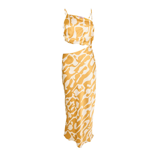 Mustard Print - Front - AX Paris Womens-Ladies Polyester Asymmetric Cut Out Party Midi Dress