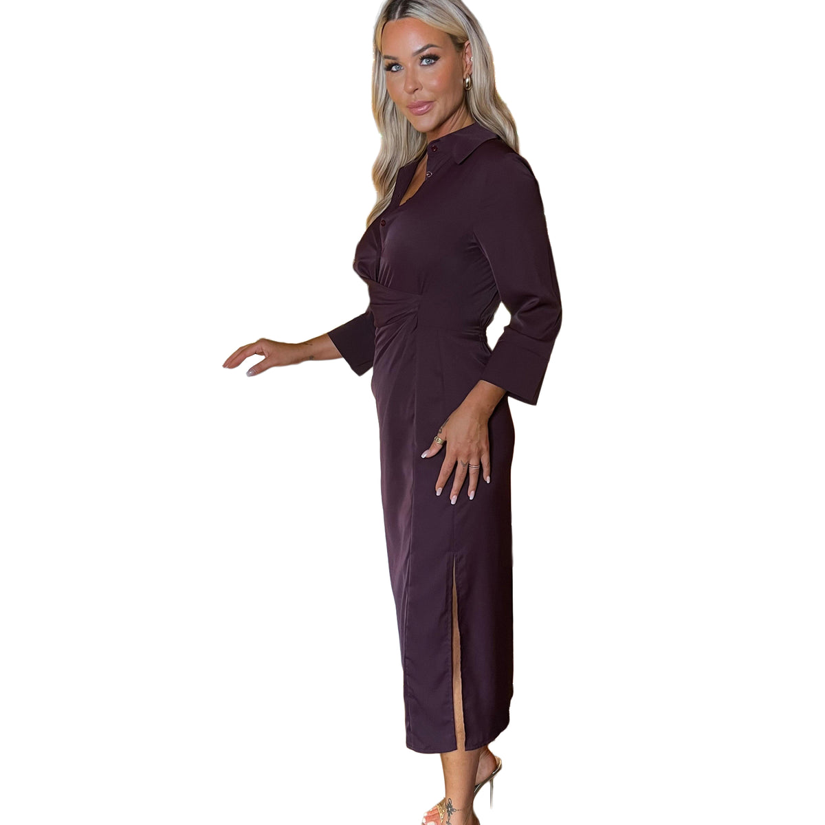 Plum - Side - AX Paris Womens-Ladies Midi Shirt Dress